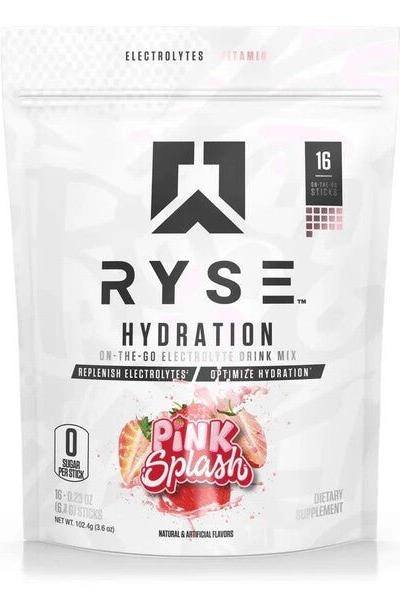 RYSE Hydration Pink Splash electrolyte drink mix for optimal hydration and energy with natural flavors.