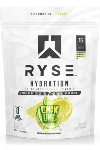RYSE Hydration sticks packaging featuring lemon-lime flavor, electrolytes, and vitamins for optimal hydration.