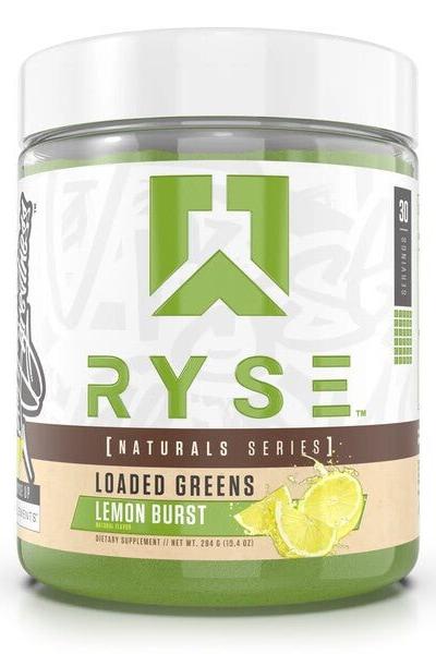 RYSE Loaded Greens Lemon Burst superfood powder for daily health and wellness in a green container.