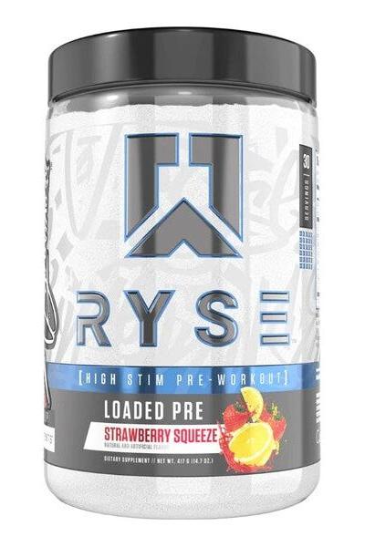 RYSE Loaded Pre-Workout Strawberry Squeeze container with high stim formula for energy and focus.