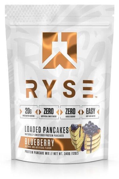 RYSE Loaded Protein Pancakes Blueberry flavor, 20g protein per serving, quick and easy breakfast mix, no added sugars.