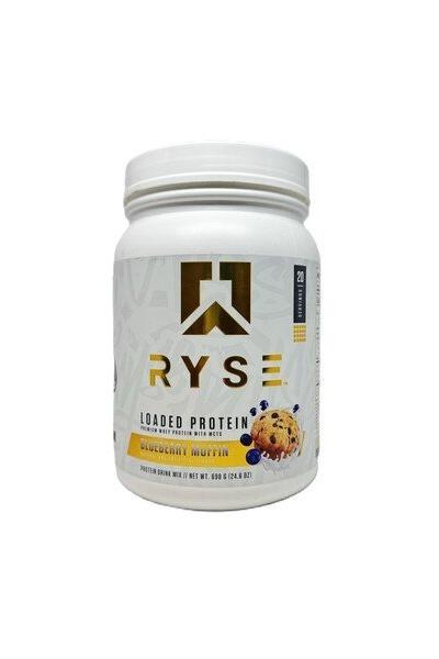 RYSE Loaded Protein container with cookie dough flavor, featuring 25g whey protein and prebiotic fiber.