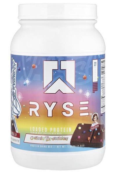 RYSE Loaded Protein in a colorful container featuring brownie flavor, packed with 25g whey protein and prebiotic fiber.