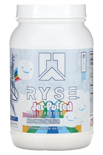 RYSE Jet-Puffed Loaded Protein in marshmallow flavor, featuring 25g of whey protein and prebiotic fiber.