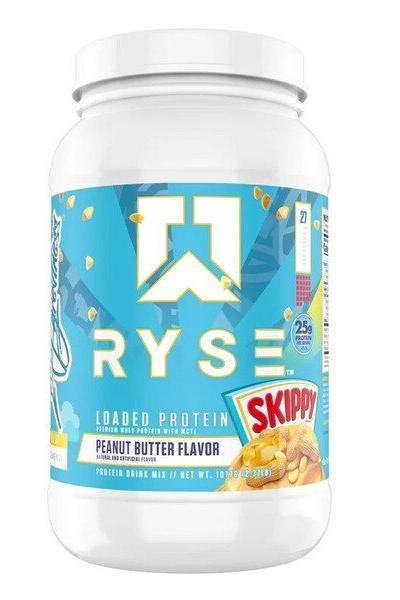 RYSE Loaded Protein powder in Peanut Butter flavor with 25g whey protein, MCTs, and prebiotic fiber for digestion.