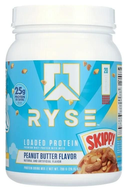 RYSE Loaded Protein peanut butter flavor container with 25g protein and MCT for metabolism support.