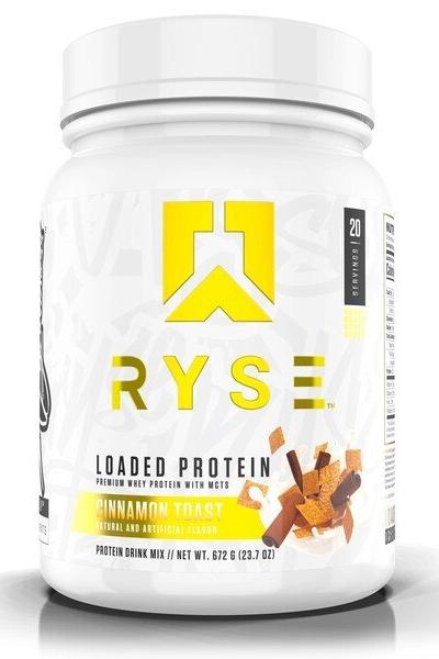 RYSE Loaded Protein in Cinnamon Toast flavor, featuring premium whey protein with MCTs, 20 servings.