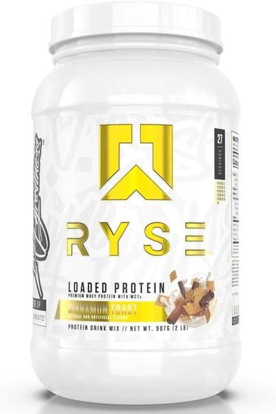 RYSE Loaded Protein powder container with golden logo, featuring premium whey protein and prebiotic fiber.