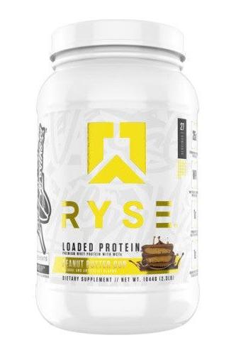RYSE Loaded Protein supplement in peanut flavor with 25g whey protein for muscle support and digestion.