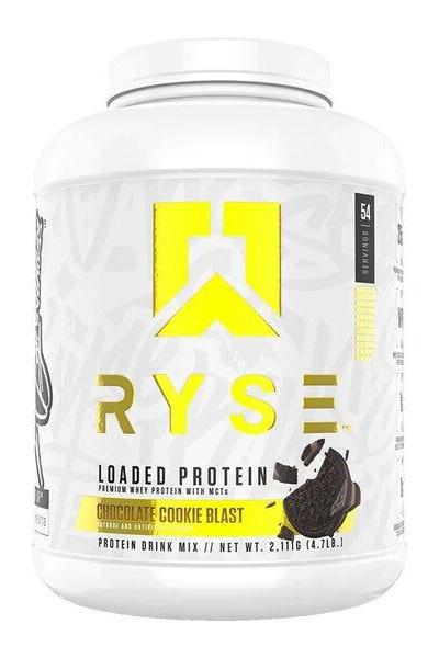 RYSE Loaded Protein in Chocolate Cookie Blast flavor, featuring 25g whey protein and MCTs for optimal nutrition.
