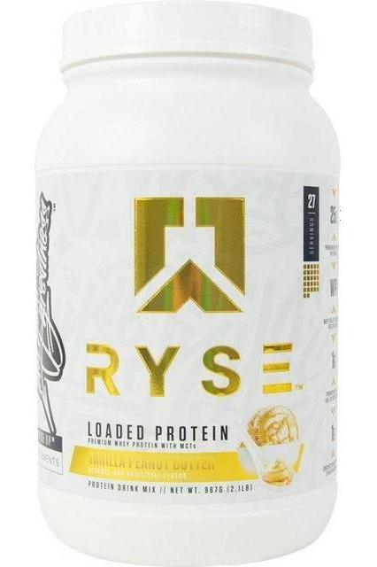 RYSE Loaded Protein container showcasing flavors and nutritional benefits of whey protein and MCTs.