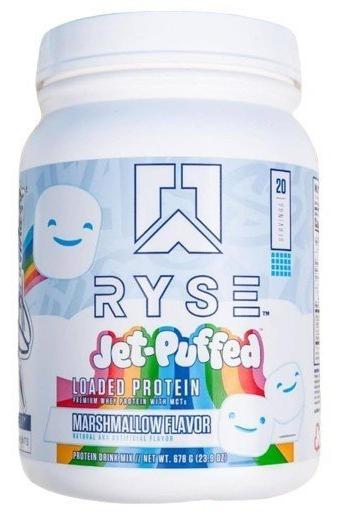 RYSE Jet-Puffed Loaded Protein in Marshmallow flavor, featuring 25g whey protein for muscle support.