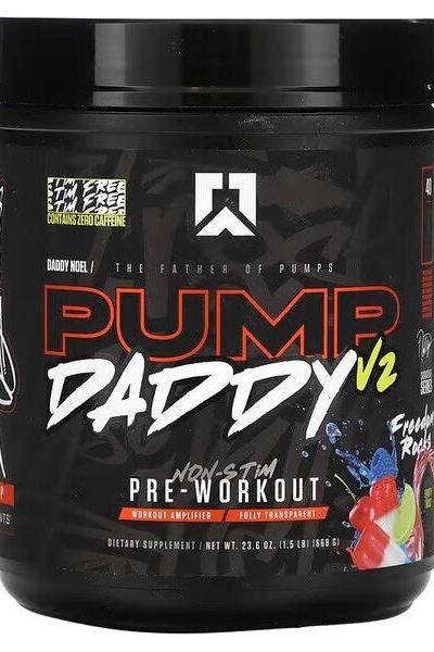 RYSE Pump Daddy V2 Non-Stim Pre-Workout in a 26.8 oz tub, promotes muscle pump without caffeine.