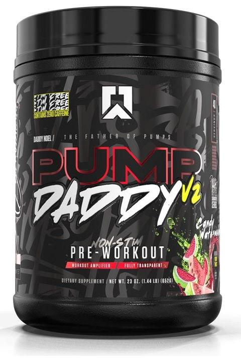 RYSE Pump Daddy V2 Non-Stim Pre-Workout jar for increased performance and muscle pump, featuring a delicious candy watermelon flavor.