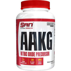 SAN AAKG Nitric Oxide Booster 120 tablets for enhanced workout performance and muscle building.