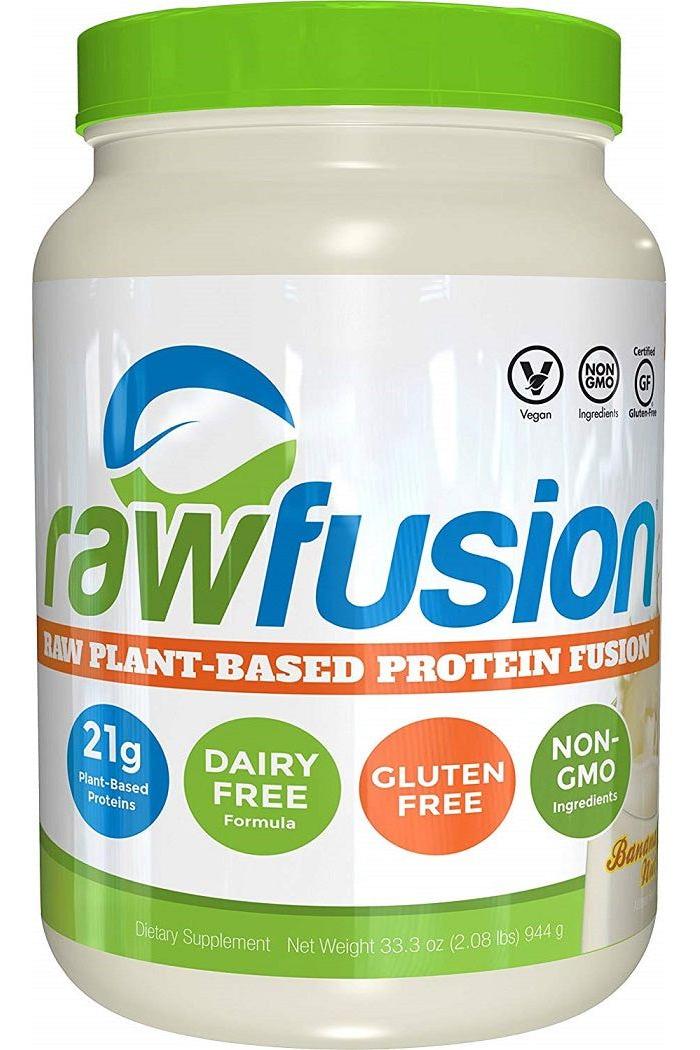 SAN RawFusion vegan protein powder in container, featuring 21g plant-based protein, dairy-free, gluten-free, and non-GMO.
