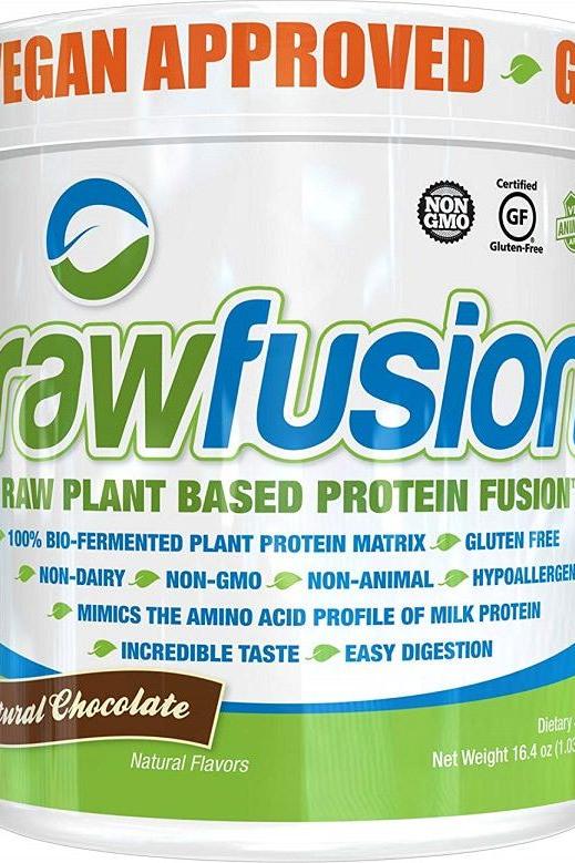 SAN RawFusion Vegan Protein Powder, natural chocolate flavor, non-GMO, gluten-free, plant-based protein blend.