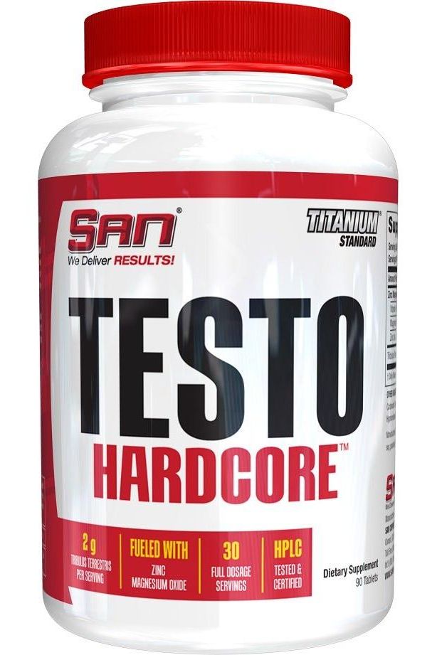SAN Testo Hardcore supplement bottle with 90 tablets for natural testosterone support and athletic performance.