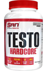 SAN Testo Hardcore supplement bottle with 90 tablets for natural testosterone support and athletic performance.