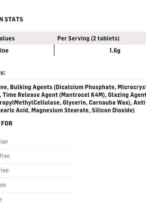 Supplement facts for Science in Sport Beta Alanine tablets, including ingredients and servings per tablet.
