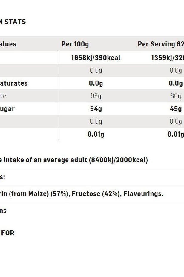 Nutrition stats for Science in Sport Beta Fuel Powder, including values per 100g and per serving, detailed ingredients.