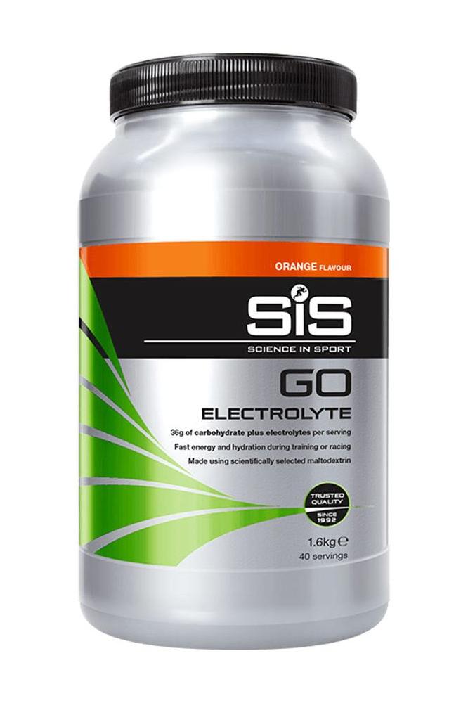 Science in Sport GO Electrolyte Powder in orange flavor, 1.6kg, providing hydration and energy during workouts.