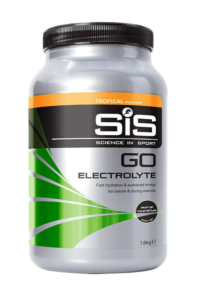 Science in Sport GO Electrolyte Powder container, tropical flavor, for hydration and energy during exercise.