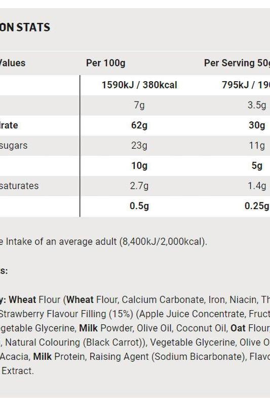 Nutritional information for Science in Sport Go Energy Bake, Strawberry flavor, 100g and 50g serving details.