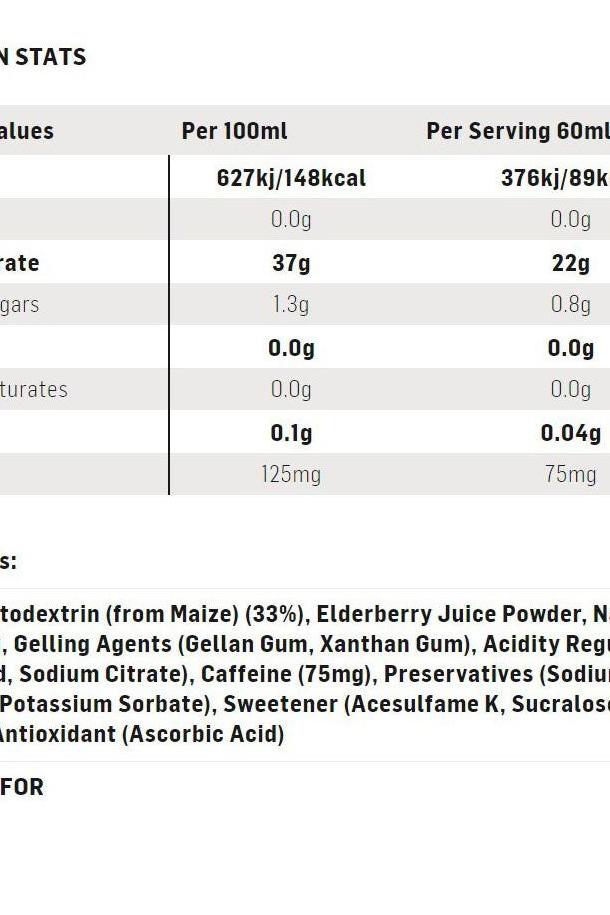 Nutritional information table for Science in Sport GO Energy + Caffeine Gel, detailing calories and ingredients.