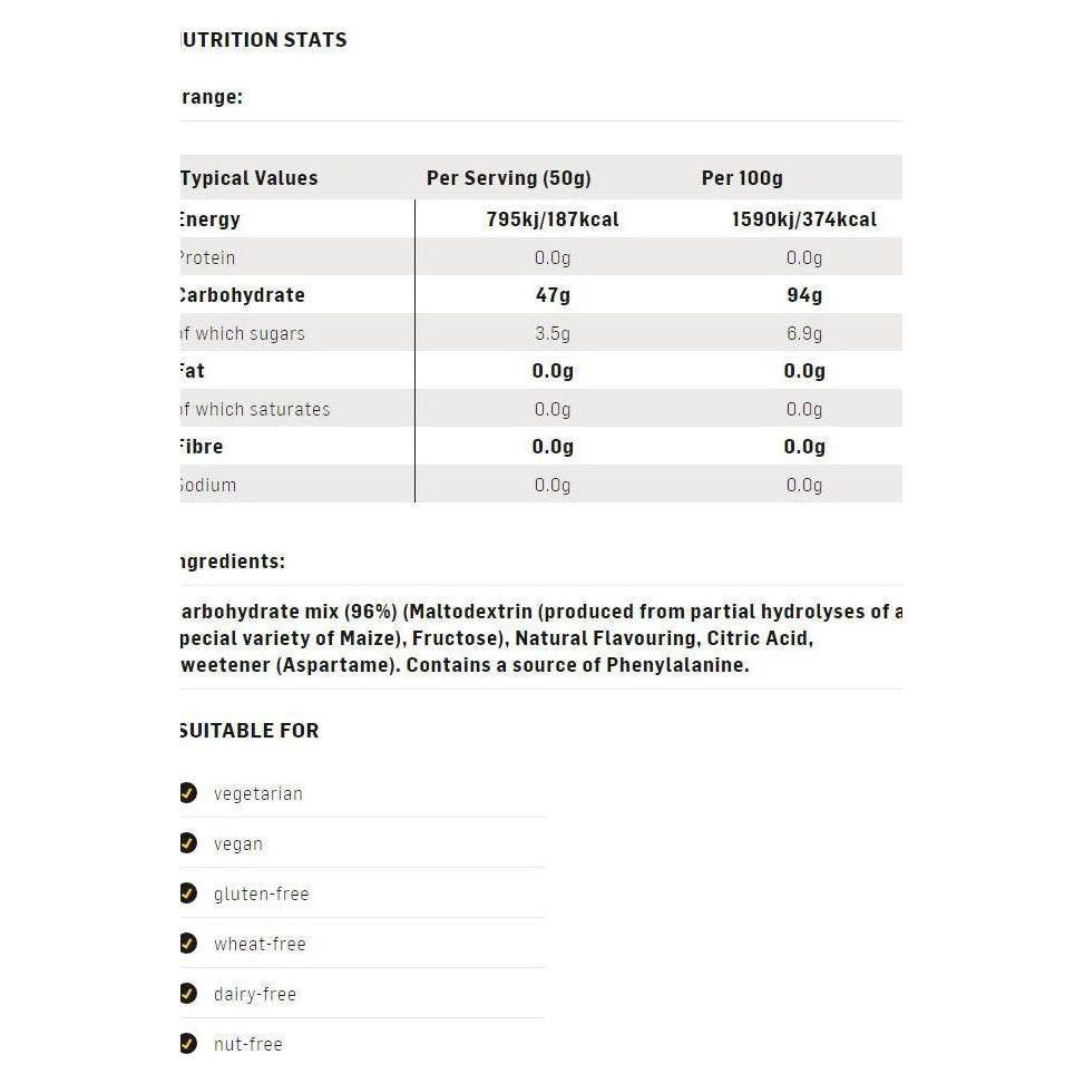 Nutrition stats for Science in Sport GO Energy Powder, showing calories, carbs, and dietary suitability.