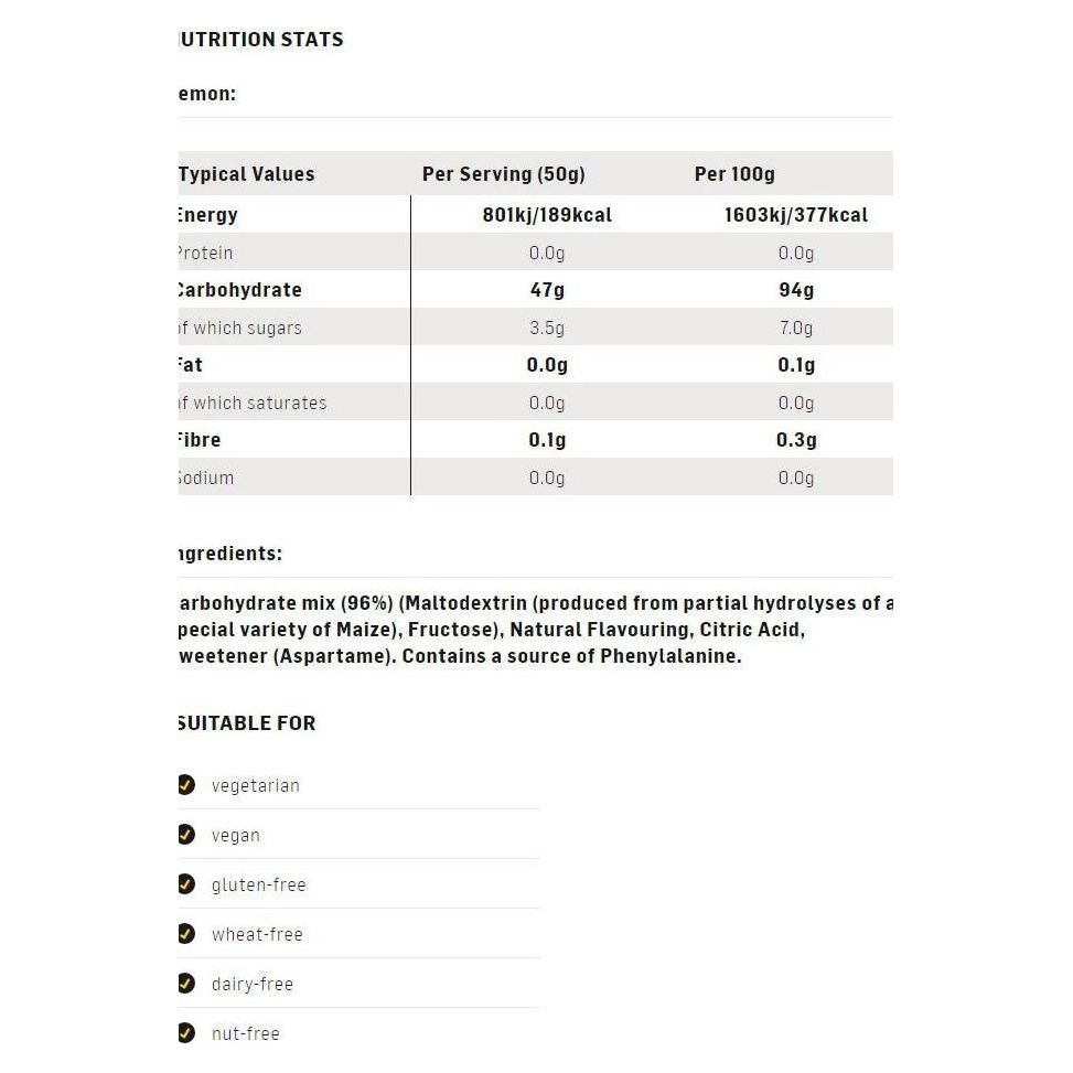 Nutrition stats for Science in Sport GO Energy Powder, showing calories, carbs, and dietary suitability.