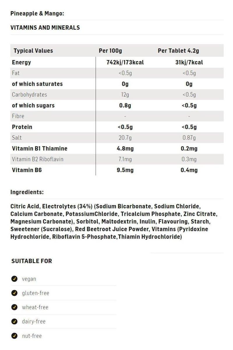 Nutritional values and ingredients of Science in Sport GO Hydro Tablets: Pineapple & Mango flavor.