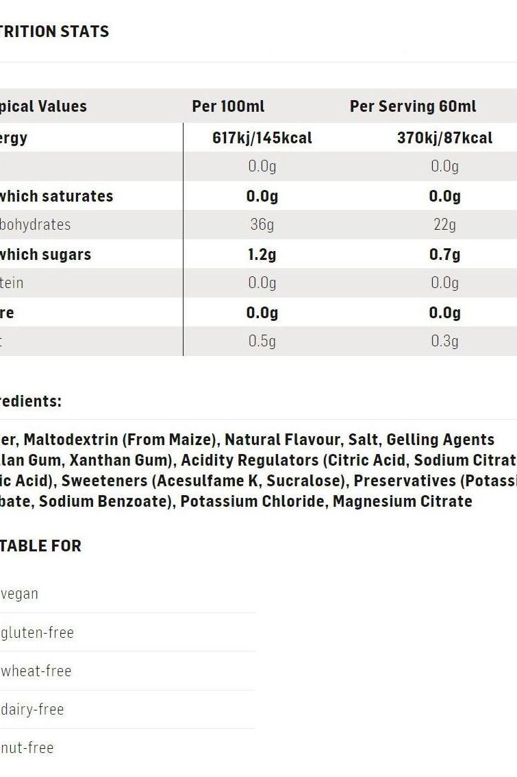 Nutrition facts for Science in Sport GO Isotonic Energy Gel, showing calories and ingredient information.