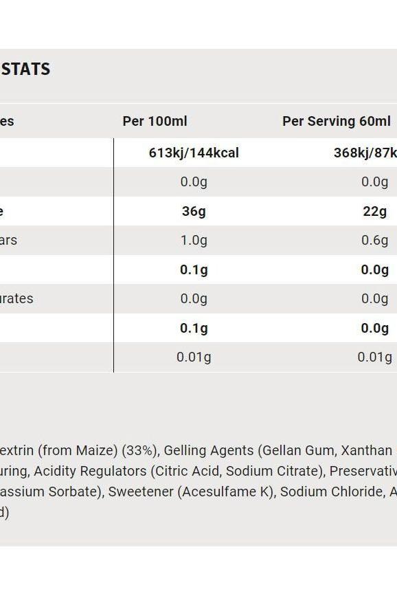 Nutritional information for Science in Sport GO Isotonic Energy Gel, detailing energy, sugars, and ingredients.