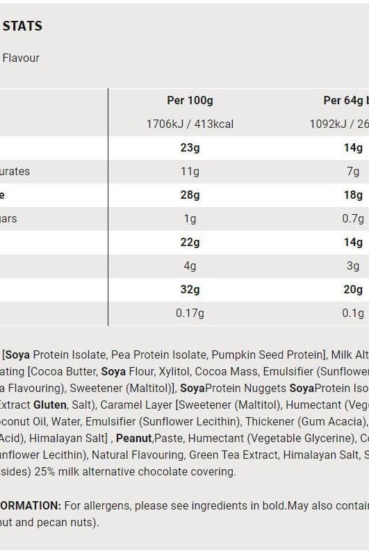 Nutrition facts for Science in Sport Protein20 Bar, showing protein, sugar, and ingredient details.
