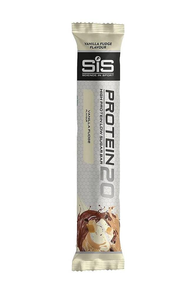 Science in Sport Protein20 Bar in vanilla fudge flavor, high protein, low sugar, dairy-free snack.