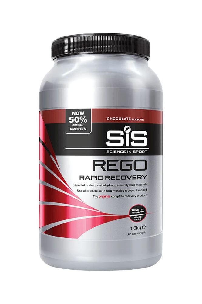 Science in Sport REGO Rapid Recovery powder in chocolate flavor, blend of protein and carbohydrates for quick muscle recovery.