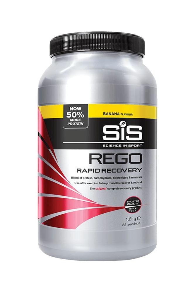SIS REGO Rapid Recovery protein supplement in banana flavor for quick muscle recovery and hydration.