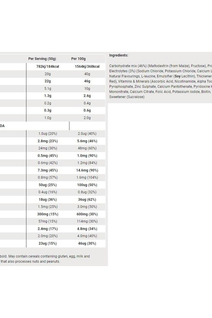Nutritional information and ingredients for Science in Sport - REGO Rapid Recovery per serving and per 100g.