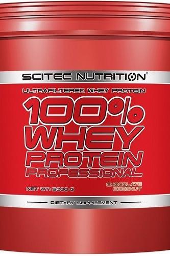 SciTec 100% Whey Protein Professional tub in Chocolate Coconut flavor, high-quality ultrafiltered whey protein supplement.