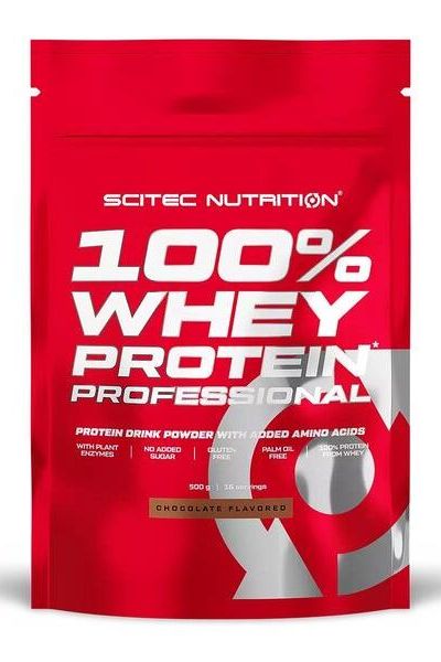 SciTec 100% Whey Protein Professional, chocolate flavor, protein powder with added amino acids, gluten-free.