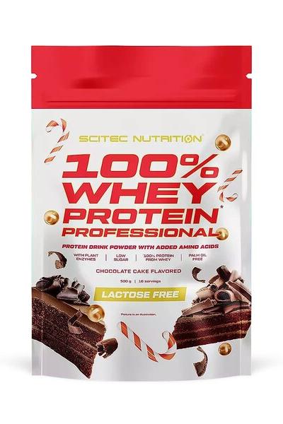 SciTec 100% Whey Protein Professional, lactose-free, chocolate cake flavor, high-quality protein powder with amino acids.