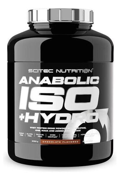 SciTec Nutrition Anabolic ISO + Hydro protein powder in a sleek black container, chocolate flavored.
