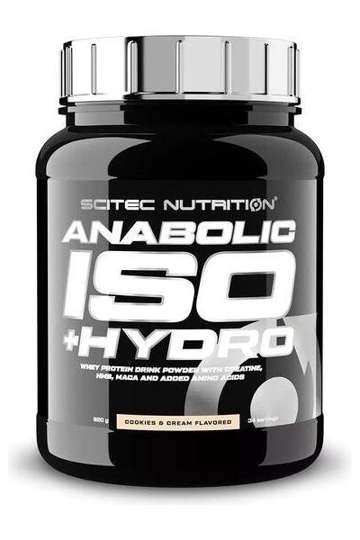 SciTec Anabolic Iso + Hydro protein powder, Cookies & Cream flavor, designed for muscle growth and performance support.