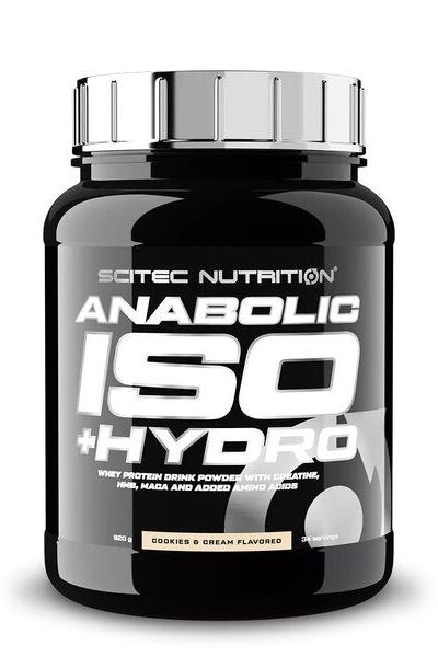 SciTec Anabolic Iso + Hydro protein powder, cookies & cream flavored, for muscle growth and performance.