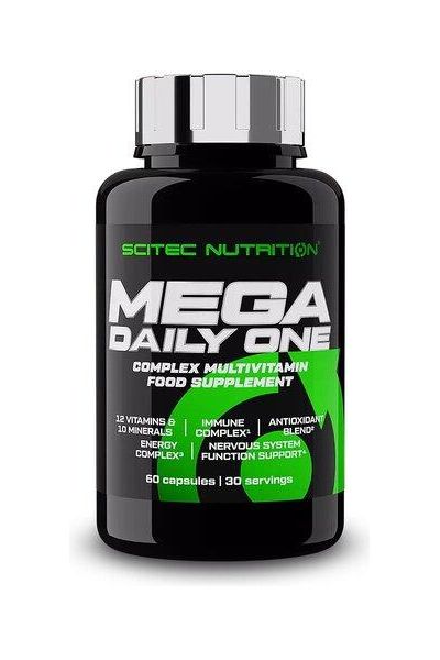 SciTec Mega Daily One multi-vitamin supplement bottle with 12 vitamins, 10 minerals, and energy support.