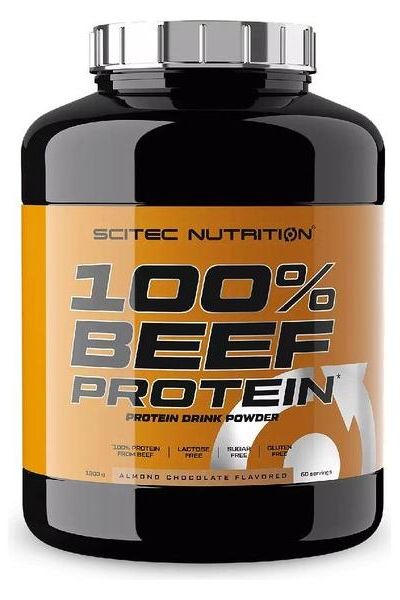 Scitec Nutrition 100% Beef Protein powder in almond chocolate flavor for muscle building and energy.