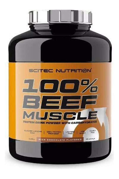 Scitec Nutrition 100% Beef Muscle protein powder in chocolate flavor, packaged in a black tub.