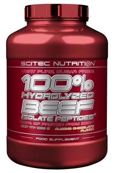 Scitec Nutrition 100% Hydrolyzed Beef Isolate Peptides protein supplement container, sugar-free, almond flavor.