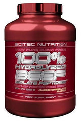 Scitec Nutrition 100% Hydrolyzed Beef Isolate Peptides protein supplement container, sugar-free, almond flavor.